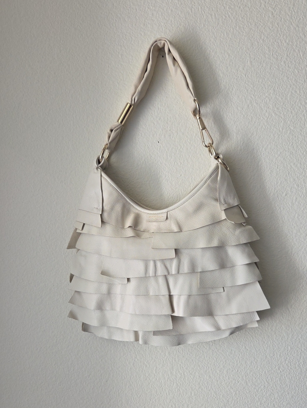 YSL Yves Saint Laurent Tropez Leather Layered Ruffle Shoulder Bag Cream & Gold